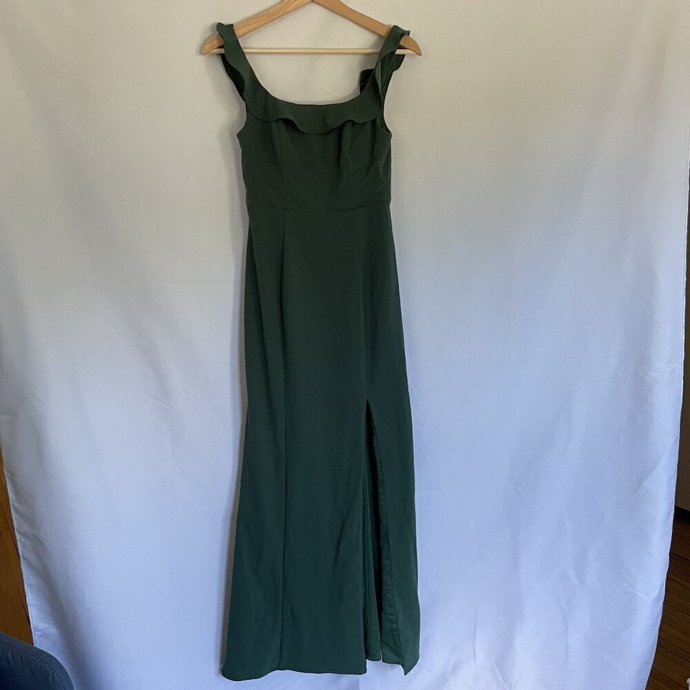 Azazie women's size A4 green maxi dress frilled sleeves bridesmaid slit formal